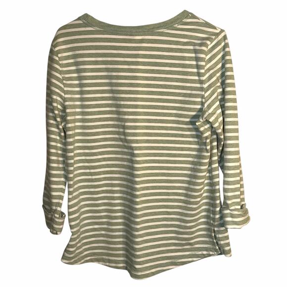 Karen Scott Sport Sage Green & Cream Striped 3/4 Sleeve Top Women’s Medium - Picture 3 of 7